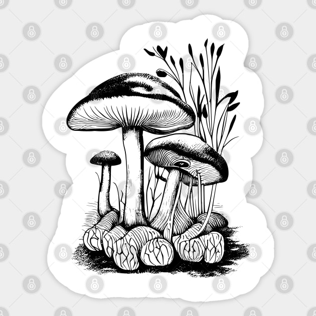 Mushroom line art wild garden collection tattoo style drawing